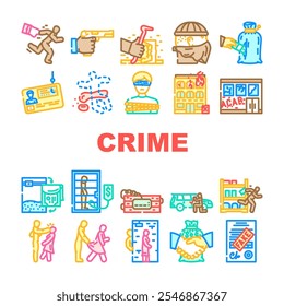 crime justice law police theft icons set vector. murder assault, fraud robbery, violence prison, trial evidence, arrest, victim crime justice law police theft color line illustrations