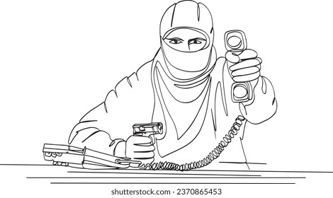 Crime and Kidnapping Concept: Doodle Art of Masked Extortionist, Violent Crime Illustration: Thief in Black Mask on Phone for Ransom