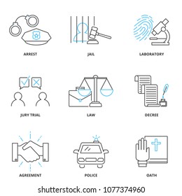 Crime and law vector icons set, outline style. Editable stroke
