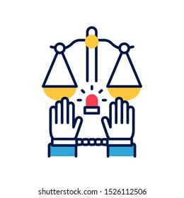 Crime line color icon. Convicted man in handcuffs concept. Social problem. Sign for web page, mobile app, button, logo. Vector isolated button. Editable stroke.