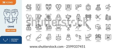 Crime line editable icon set. Containing icons related to crime, criminal, illegal, and more. Vector illustration