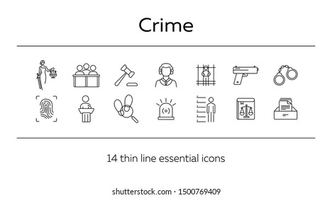 Crime line icon set. Themis statue, judge gavel, fingerprint. Justice concept. Can be used for topics like court, trial, investigation, evidence