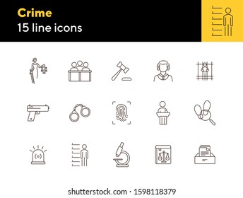 Crime line icon set. Themis statue, judge gavel, fingerprint. Justice concept. Can be used for topics like court, trial, investigation, evidence