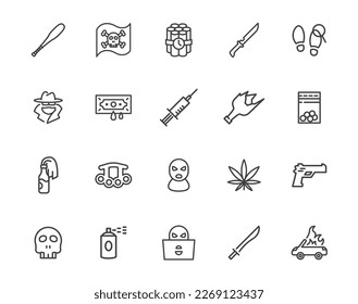 Crime line icon set. Thief gun weapon violence criminal vector icon pack. Robbery knife crime icon set.