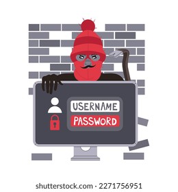 Crime with Man Criminal in Balaclava with Crowbar Breaking Password on Computer Vector Illustration