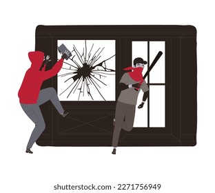 Crime with Man Criminal with Brick and Bat Breaking Shop Window Vector Illustration