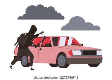 Crime with Man Criminal in Hoody Breaking Car Vector Illustration