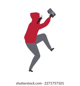 Crime with Man Criminal in Red Hoody with Brick Vector Illustration