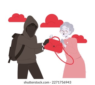 Crime with Man Criminal Stealing Bag from Senior Woman Vector Illustration