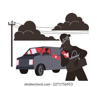 Crime with Man Criminal Stealing Bag with Money Escaping Vector Illustration