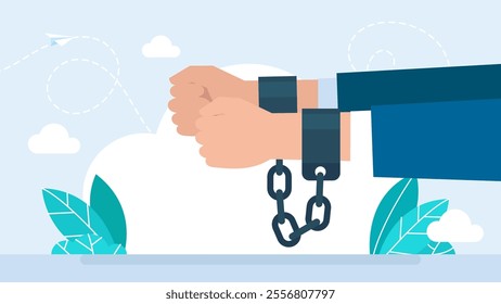 Crime man hands in handcuff. Arrested male arms wearing manacle Close up law perpetrator at prison. Slavery. Handcuffs, manacles or shackles icon. Chained, handcuffed hands. Vector Illustration