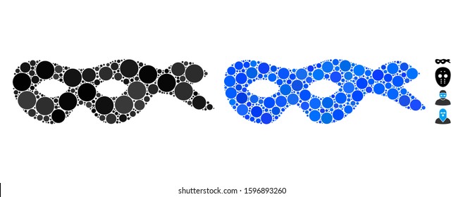 Crime mask composition of round dots in variable sizes and shades, based on crime mask icon. Vector round dots are combined into blue composition. Dotted crime mask icon in usual and blue versions.