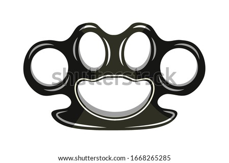 Crime metal brass knuckle duster isolated on white background. Criminal contact shock-crushing weapon for fisticuffs, hand-to-hand combat. Robber, gangster, mafia member fight tool vector illustration