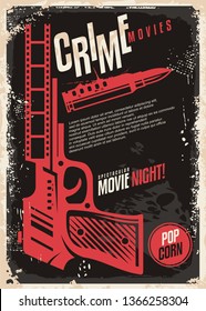 Crime movies spectacular movie night retro poster design. Cinema flyer with hand gun and bullet on dark textured background. Vintage vector for film industry.