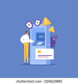 crime on an atm machine or Automatic Teller Machine. A customer uses an ATM machine to pay and withdraw cash. A criminal is hiding behind an ATM machine. illustration concept design. graphic elements