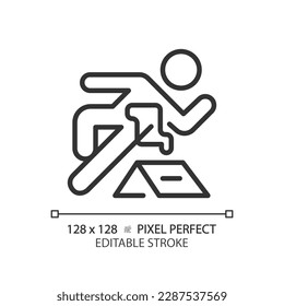Icono lineal perfecto de píxel delictivo. Investigar y encontrar malhechores. Sistema de normas jurídicas de castigo penal. Ilustración de línea delgada. Símbolo de contorno. Dibujo del contorno del vector. Trazo editable