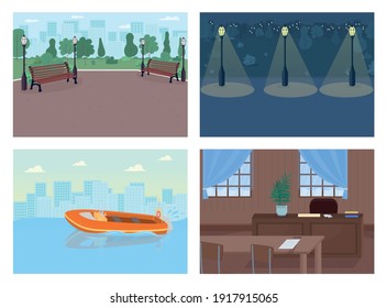 Crime places flat color vector illustration set. Helping people to stay away from dangerous situations. Justice and law facilities 2D cartoon cityscape with big city buildings on background