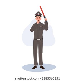 Crime Prevention and Safety Concept. Thai Police Officer in Uniform is Bowling Whistle and Holding Light Baton