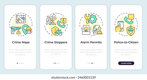 Crime prevention tools onboarding mobile app screen. Walkthrough 4 steps editable graphic instructions with linear concepts. UI, UX, GUI template. Montserrat SemiBold, Regular fonts used