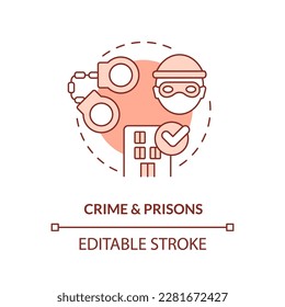 Crime and prisons red concept icon. Imprisonment of criminal. Law and legal issue abstract idea thin line illustration. Isolated outline drawing. Editable stroke. Arial, Myriad Pro-Bold fonts used