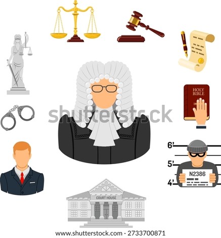 Crime and Punishment Banner Crime and Punishment banner and infographics. Flat Style Icons Lawyer, Judge, Handcuffs and Court House. vector illustration