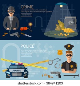 Crime and Punishment banners security system thief and policeman vector illustration 