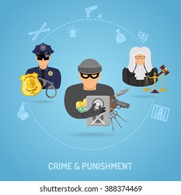 Crime and Punishment Concept in Flat style icons such as Thief, Policeman, Judge. Vector for Brochure, Web Site and Advertising.
