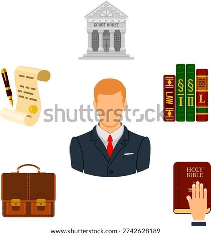 Crime and Punishment Concept Crime and Punishment Concept in Flat style icons such as Lawyer, Briefcase, Court House and Law Books. Vector for Brochure, Web Site and Advertising.
