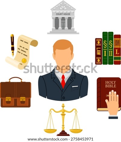 Crime and Punishment Concept Crime and Punishment Concept in Flat style icons such as Lawyer, Briefcase, Court House and Law Books. Vector for Brochure, Web Site and Advertising.