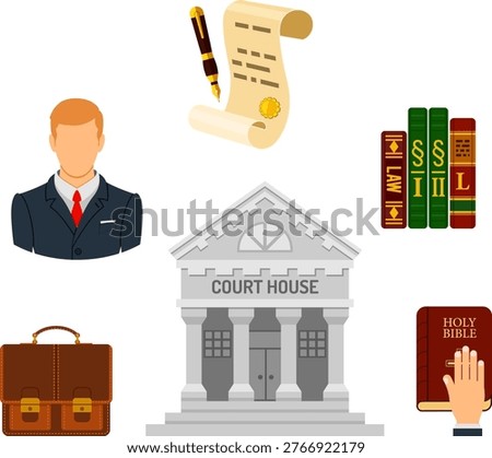 Crime and Punishment Concept Crime and Punishment Concept in Flat style icons such as Lawyer, Briefcase, Court House and Law Books. Vector for Brochure, Web Site and Advertising.
