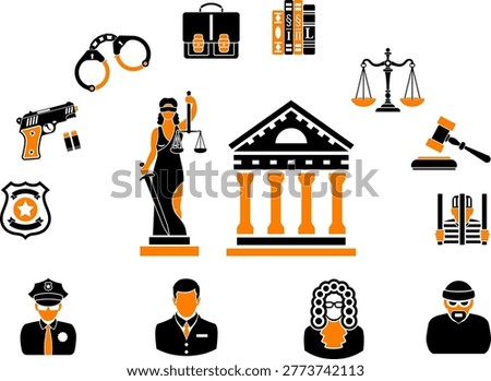 Crime and Punishment Concept Crime and Punishment Vector Concept with Flat Icons for Flyer, Poster, Web Site, Advertising Like Thief, Policeman, Lawyer, Judge, Lady Justice and Court House.