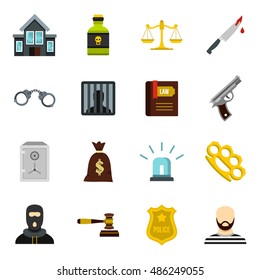Crime and punishment icons set in flat style. Law and order set collection vector illustration