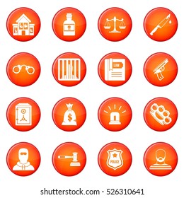Crime and punishment icons vector set of red circles isolated on white background