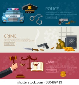 Crime And Punishment Justice System Banners Rule Of Law The Arrest Criminals Vector Illustration 