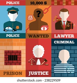 Crime and punishment mini poster set with police lawyer prison justice criminal isolated vector illustration