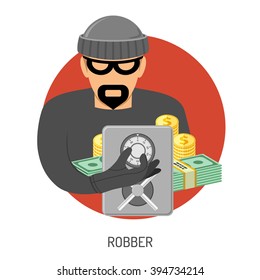 Crime and Punishment Vector Concept with Flat Icons for Flyer, Poster, Web Site, Advertising Like Robber, Safe and Money.