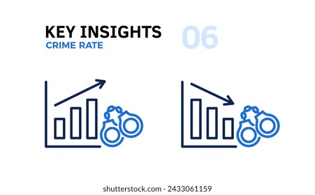 Crime Rate Trends Analysis: Handcuffs with Graphs Going Up and Down with an Arrow Thin Line Icons. Vector Illustration of Law Enforcement and Criminality Graphic