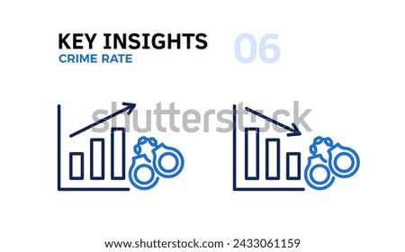 Crime Rate Trends Analysis: Handcuffs with Graphs Going Up and Down with an Arrow Thin Line Icons. Vector Illustration of Law Enforcement and Criminality Graphic