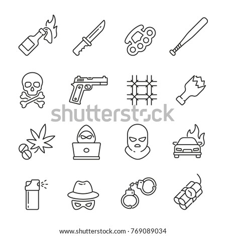 Crime related icons: thin vector icon set, black and white kit