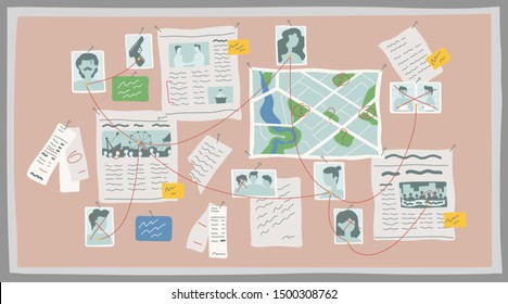 Crime research board flat vector illustration. Crime investigation, mystery solving concept. Police department, detective workspace accessory. Newspaper clippings, photos and map connected with thread