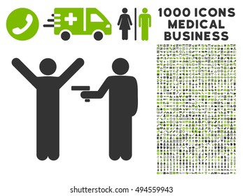 Crime Robbery icon with 1000 medical commercial eco green and gray vector pictographs. Design style is flat bicolor symbols, white background.