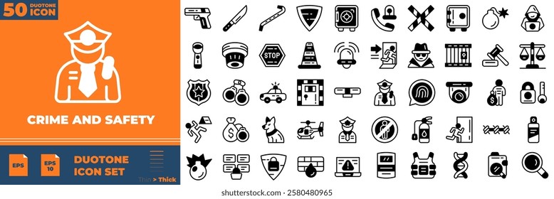 Crime And Safety Duotone Editable Icons set. Vector illustration in modern thin duotone style of crime and safety icons: security, hacker, police, etc