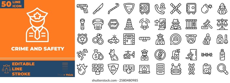 Crime And Safety Line Editable Icons set. Vector illustration in modern thin line style of crime and safety icons: security, hacker, police, etc