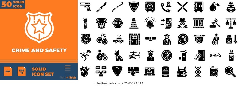 Crime And Safety Solid Editable Icons set. Vector illustration in modern thin solid style of crime and safety icons: security, hacker, police, etc