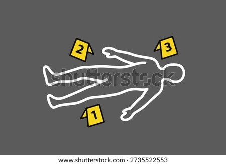 Crime scene chalk outline vector illustration with yellow evidence markers. Forensic investigation concept with body silhouette on gray background. Stylized detective and justice theme Crime scene chalk outline vector illustration with yellow evidence markers. Forensic investigation concept with body silhouette on gray background. Stylized detective and justice theme Crime scene chalk outline vector illustration with yellow evidence markers. Forensic investigation concept with body silhouette on gray background. Stylized detective and justice theme