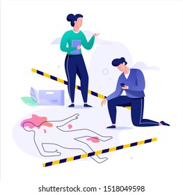 Crime scene concept. Detective making investigation, police officer. Criminal mystery. Isolated vector illustration in flat style