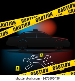 crime scene concept, police lights, yellow ribbon, vector illustration 