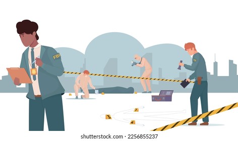 Crime scene criminal flat composition with silhouette of cityscape buildings barrier lines and federal agent characters vector illustration