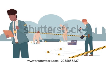 Crime scene criminal flat composition with silhouette of cityscape buildings barrier lines and federal agent characters vector illustration