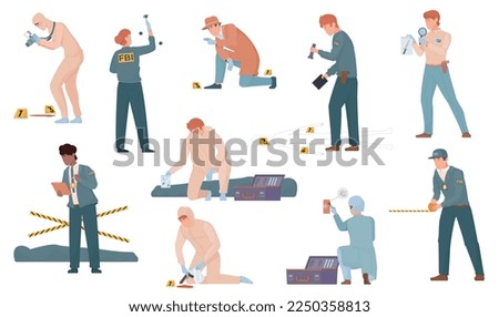Crime scene criminal flat set of isolated human characters with police investigation crew members picking marks vector illustration